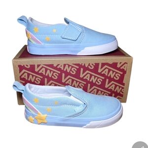 Vans Toddler Classic Slip-On V Shoes Light Blue-Yellow-Rainbow NIB Size 8